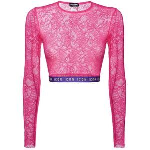 D2 D Squared Icon Lace Crop Top Long Sleeve Hot Pink Small